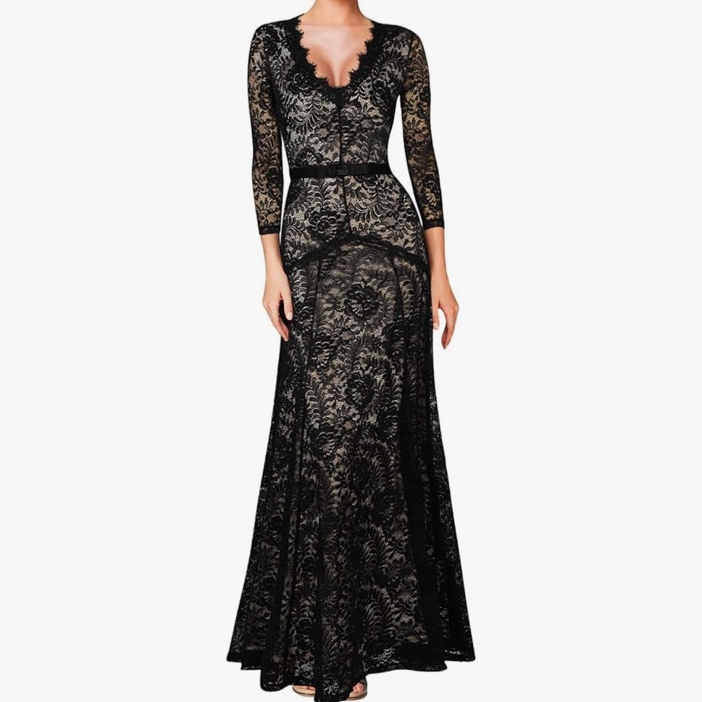 Flattering Miusol Women's Floral Lace, 2/3 Sleeves, Maxi Dress, Black, XX-Large